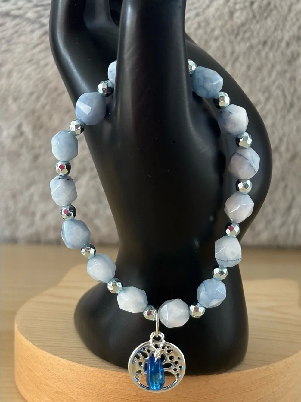 Blue Chalcedony & Blue Hematite Bracelet with Tree of Life